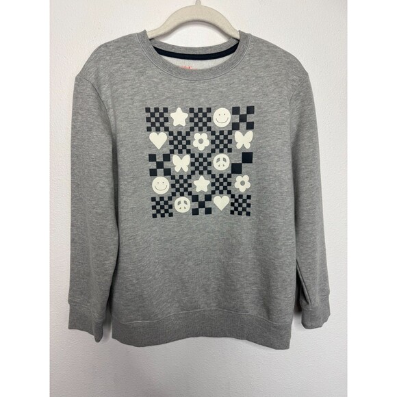 Cat & Jack Girls XL Smiley Checkerboard Sweatshirt Gray Crewneck Pullover Fleece - Picture 3 of 8